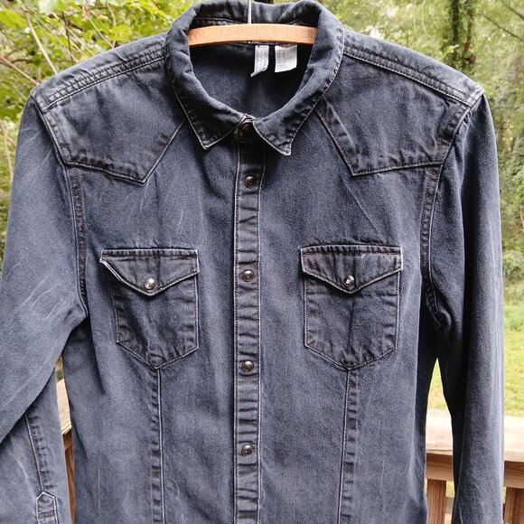 Divided H&M Black Denim Black Snap Fitted Western Shirt/Chore-Jacket Sz M - Picture 5 of 14